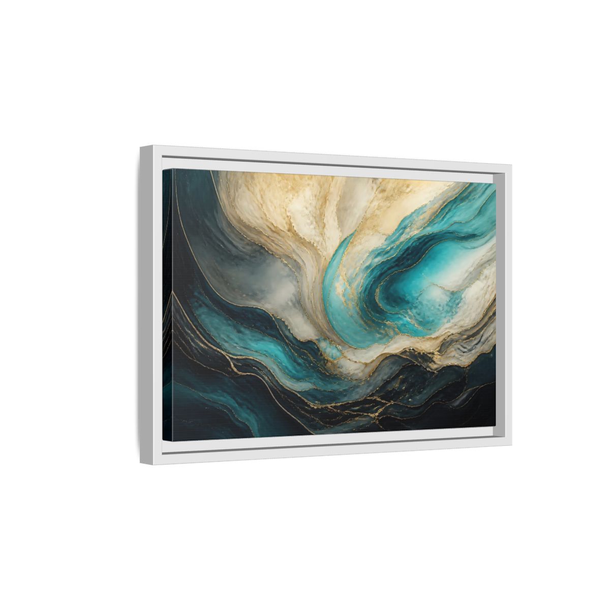 Side Mockup 4. Abstract Fluid Abstract Teal Gold Abstract shown as stretched canvas wall art