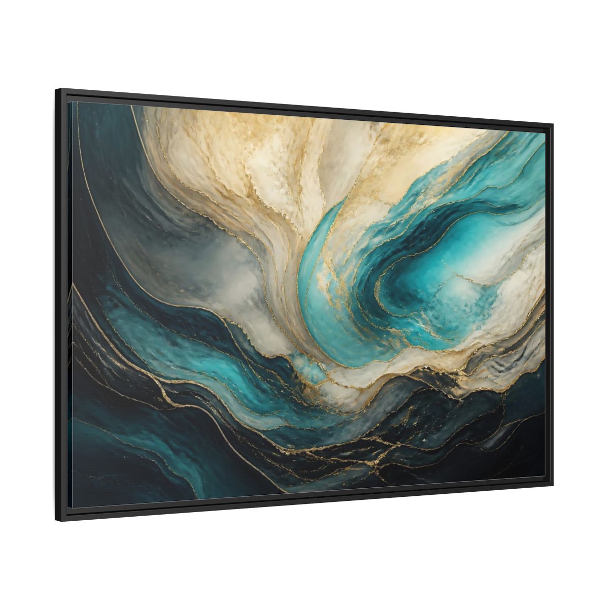 Side Mockup 12. Abstract Fluid Abstract Teal Gold Abstract shown as stretched canvas wall art