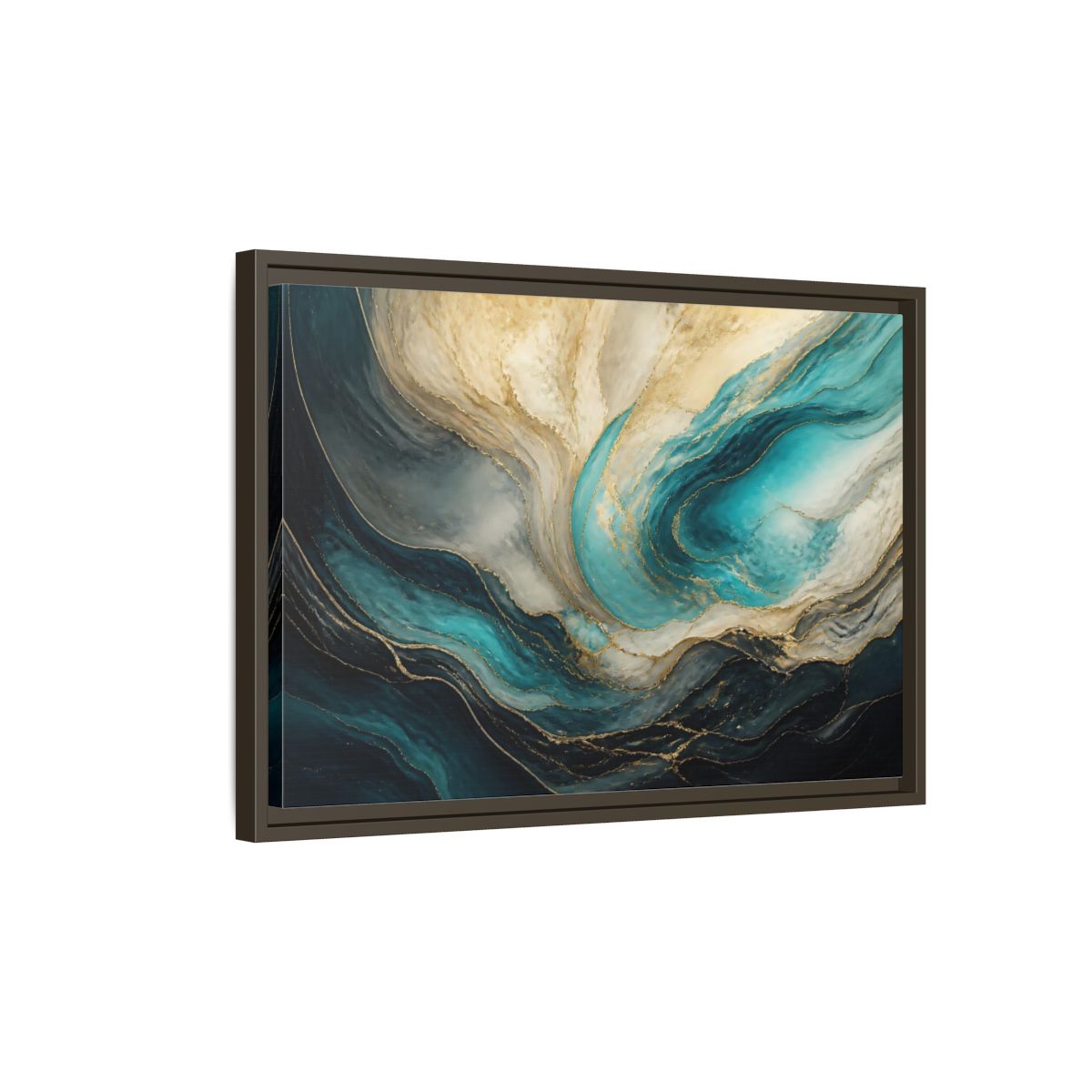 Side Mockup 2. Abstract Fluid Abstract Teal Gold Abstract shown as stretched canvas wall art