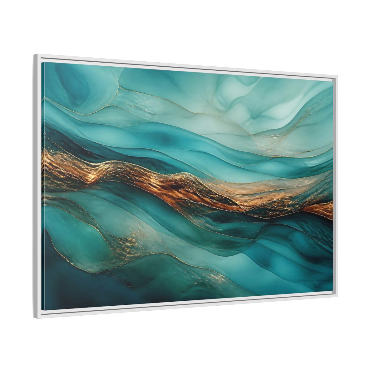 Side Mockup 7. Abstract Fluid Abstract Teal Gold Abstract shown as stretched canvas wall art