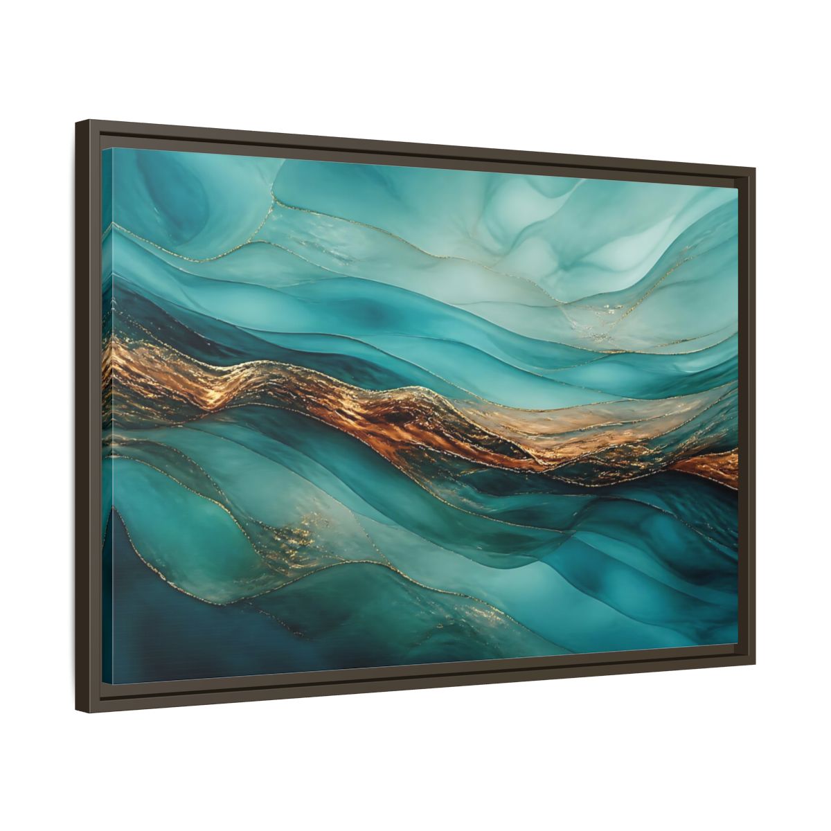 Side Mockup 11. Abstract Fluid Abstract Teal Gold Abstract shown as stretched canvas wall art