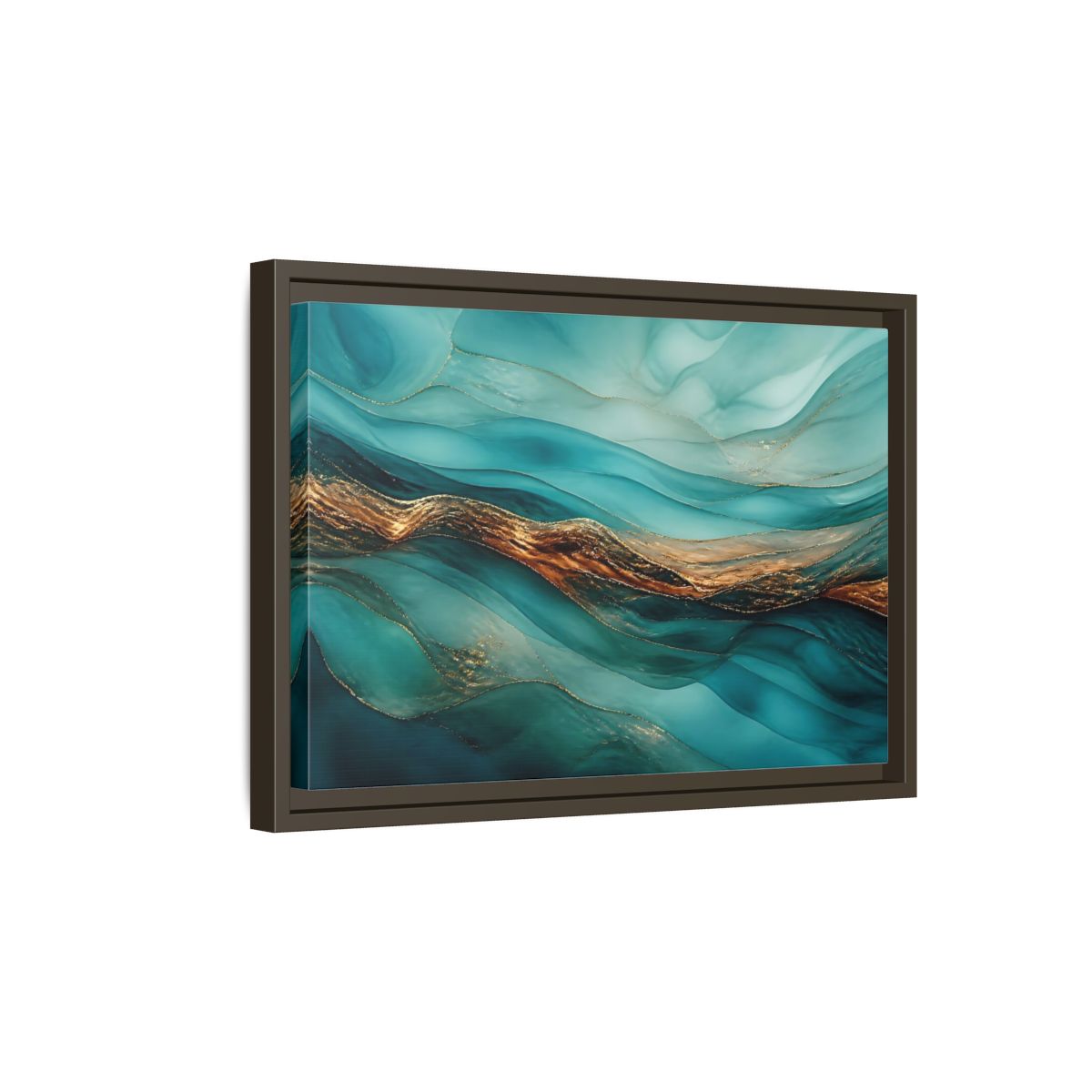 Side Mockup 5. Abstract Fluid Abstract Teal Gold Abstract shown as stretched canvas wall art