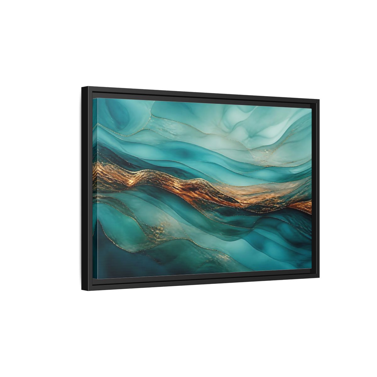 Side Mockup 3. Abstract Fluid Abstract Teal Gold Abstract shown as stretched canvas wall art