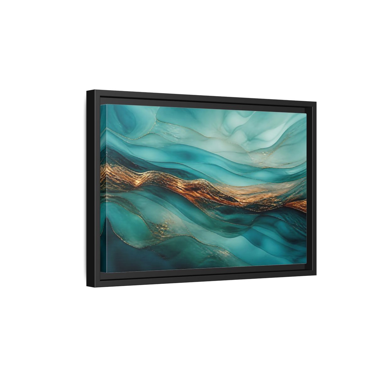 Side Mockup 6. Abstract Fluid Abstract Teal Gold Abstract shown as stretched canvas wall art