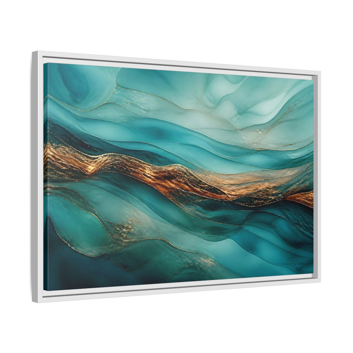 Side Mockup 10. Abstract Fluid Abstract Teal Gold Abstract shown as stretched canvas wall art
