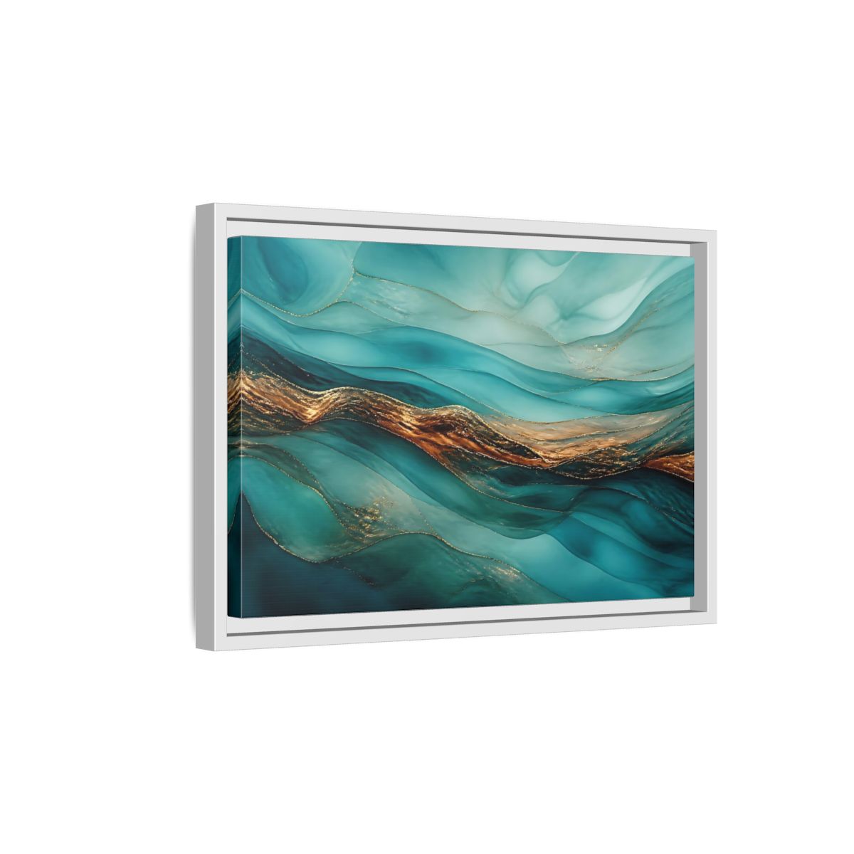 Side Mockup 4. Abstract Fluid Abstract Teal Gold Abstract shown as stretched canvas wall art