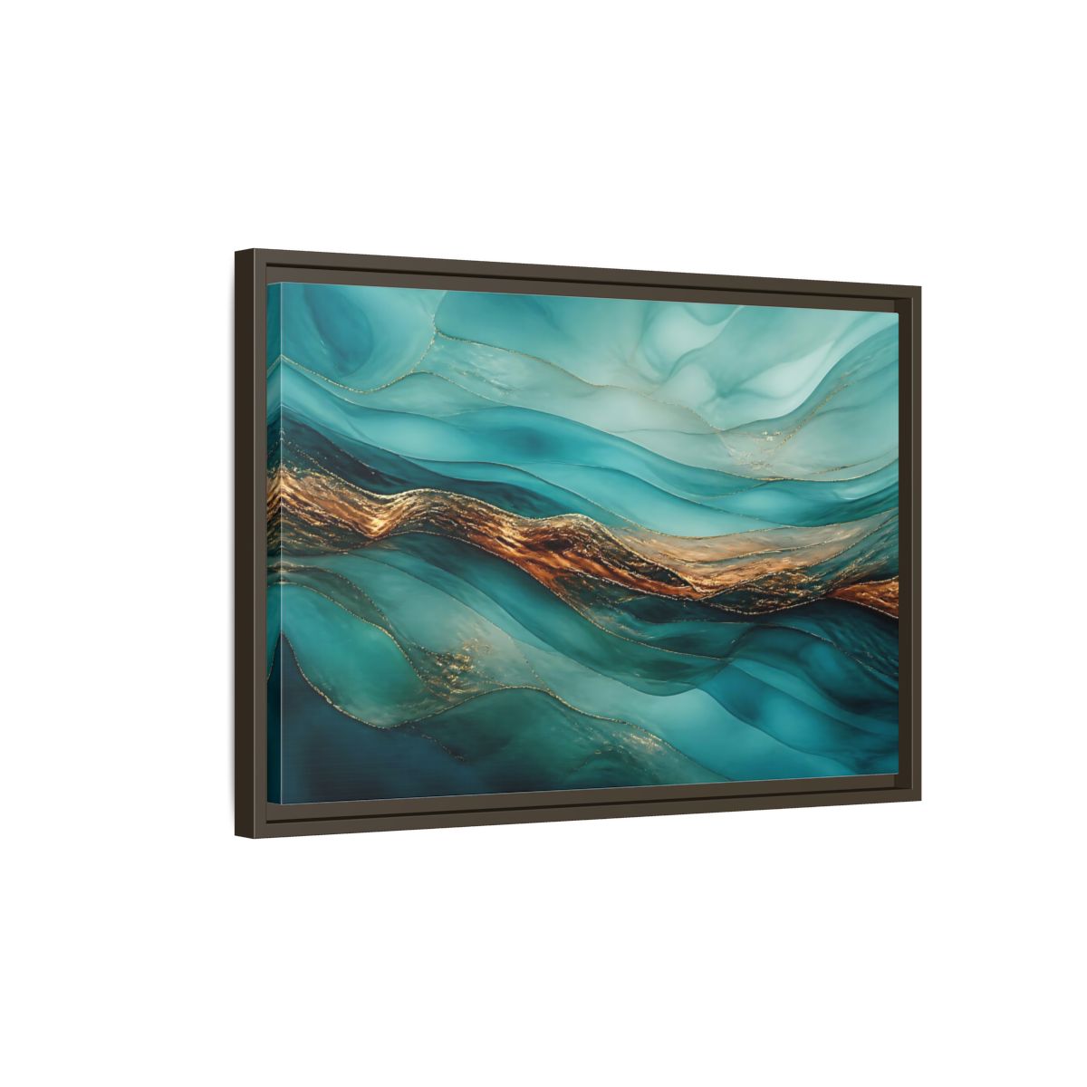 Side Mockup 2. Abstract Fluid Abstract Teal Gold Abstract shown as stretched canvas wall art
