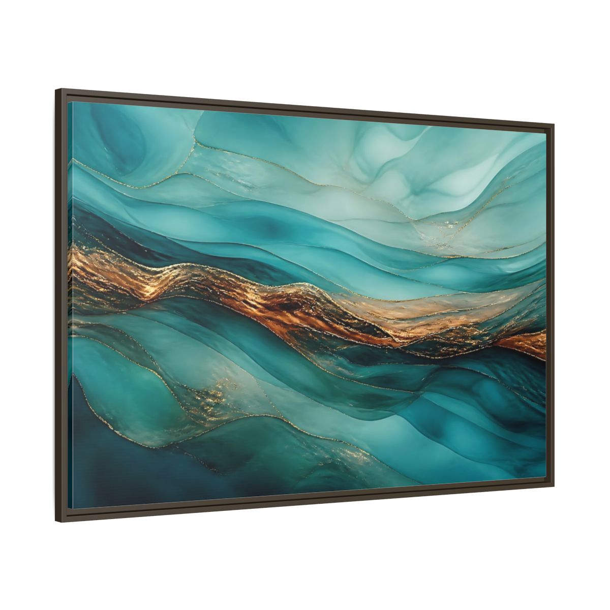 Side Mockup 8. Abstract Fluid Abstract Teal Gold Abstract shown as stretched canvas wall art