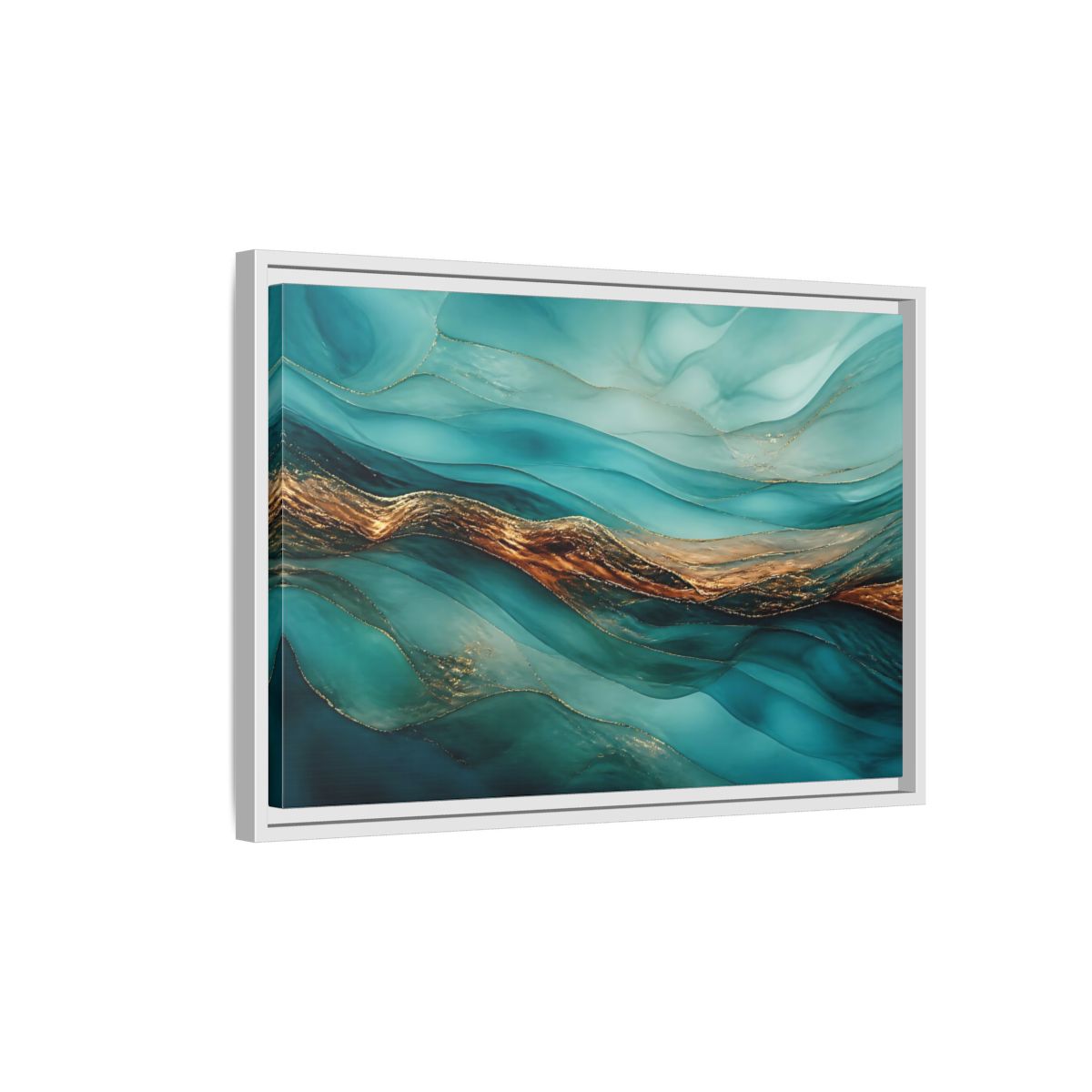Side Mockup 1. Abstract Fluid Abstract Teal Gold Abstract shown as stretched canvas wall art