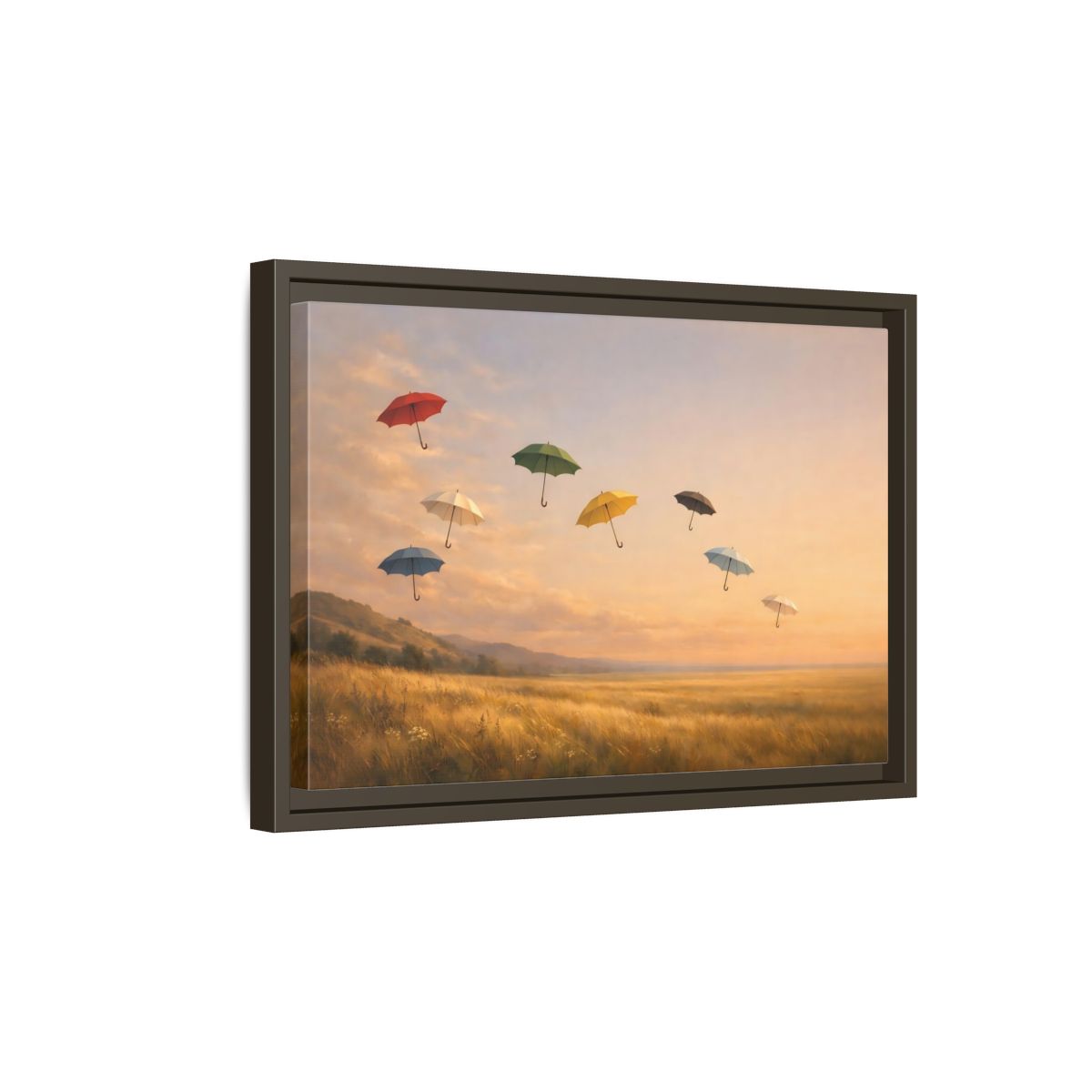 Side Mockup 5. Abstract Flying Umbrellas Colorful Umbrellas shown as stretched canvas wall art