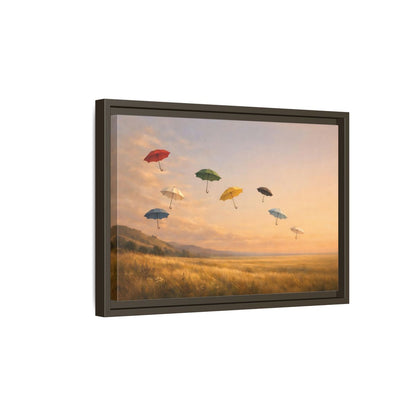 Side Mockup 5. Abstract Flying Umbrellas Colorful Umbrellas shown as stretched canvas wall art