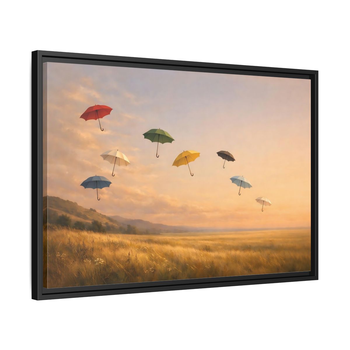 Side Mockup 14. Abstract Flying Umbrellas Colorful Umbrellas shown as stretched canvas wall art