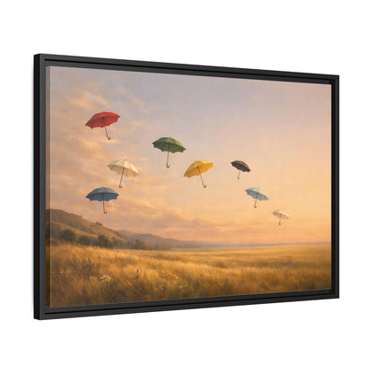 Side Mockup 14. Abstract Flying Umbrellas Colorful Umbrellas shown as stretched canvas wall art