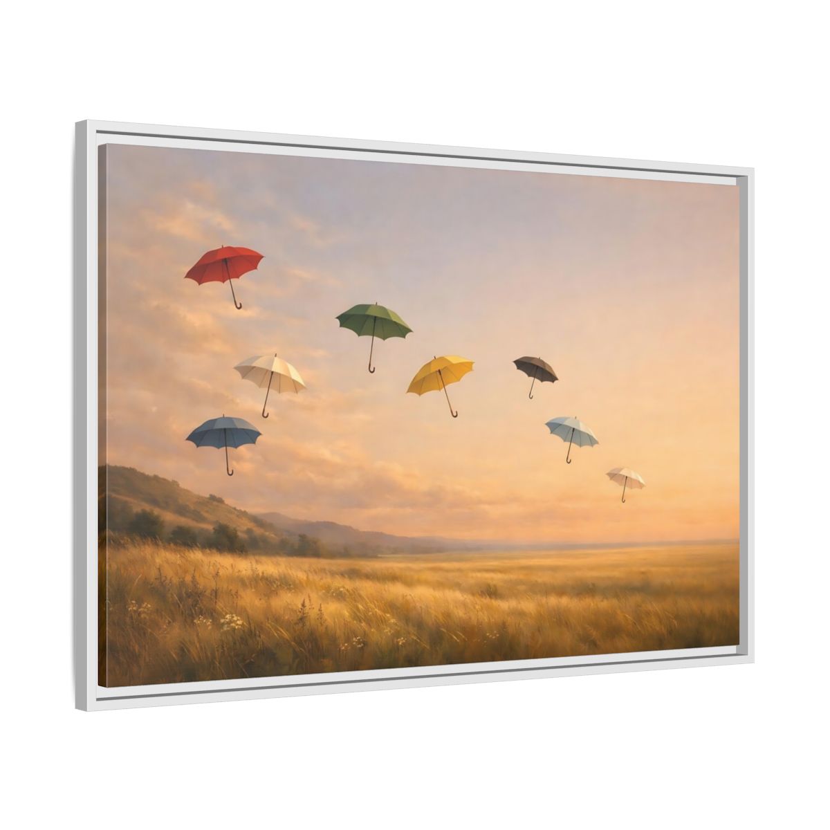 Side Mockup 9. Abstract Flying Umbrellas Colorful Umbrellas shown as stretched canvas wall art