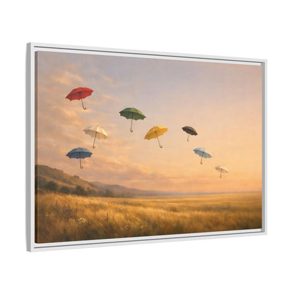 Side Mockup 9. Abstract Flying Umbrellas Colorful Umbrellas shown as stretched canvas wall art