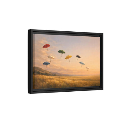 Side Mockup 6. Abstract Flying Umbrellas Colorful Umbrellas shown as stretched canvas wall art