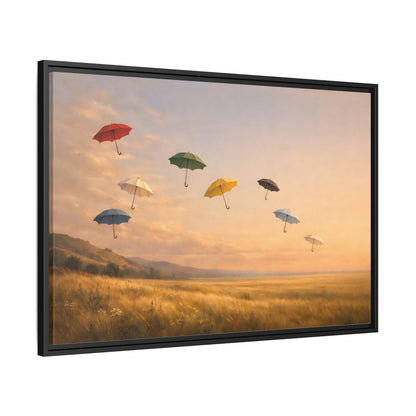 Side Mockup 13. Abstract Flying Umbrellas Colorful Umbrellas shown as stretched canvas wall art