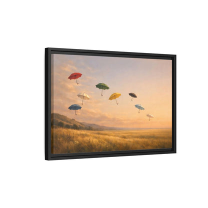 Side Mockup 3. Abstract Flying Umbrellas Colorful Umbrellas shown as stretched canvas wall art