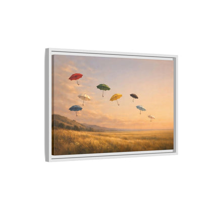 Side Mockup 1. Abstract Flying Umbrellas Colorful Umbrellas shown as stretched canvas wall art
