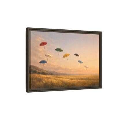 Side Mockup 2. Abstract Flying Umbrellas Colorful Umbrellas shown as stretched canvas wall art