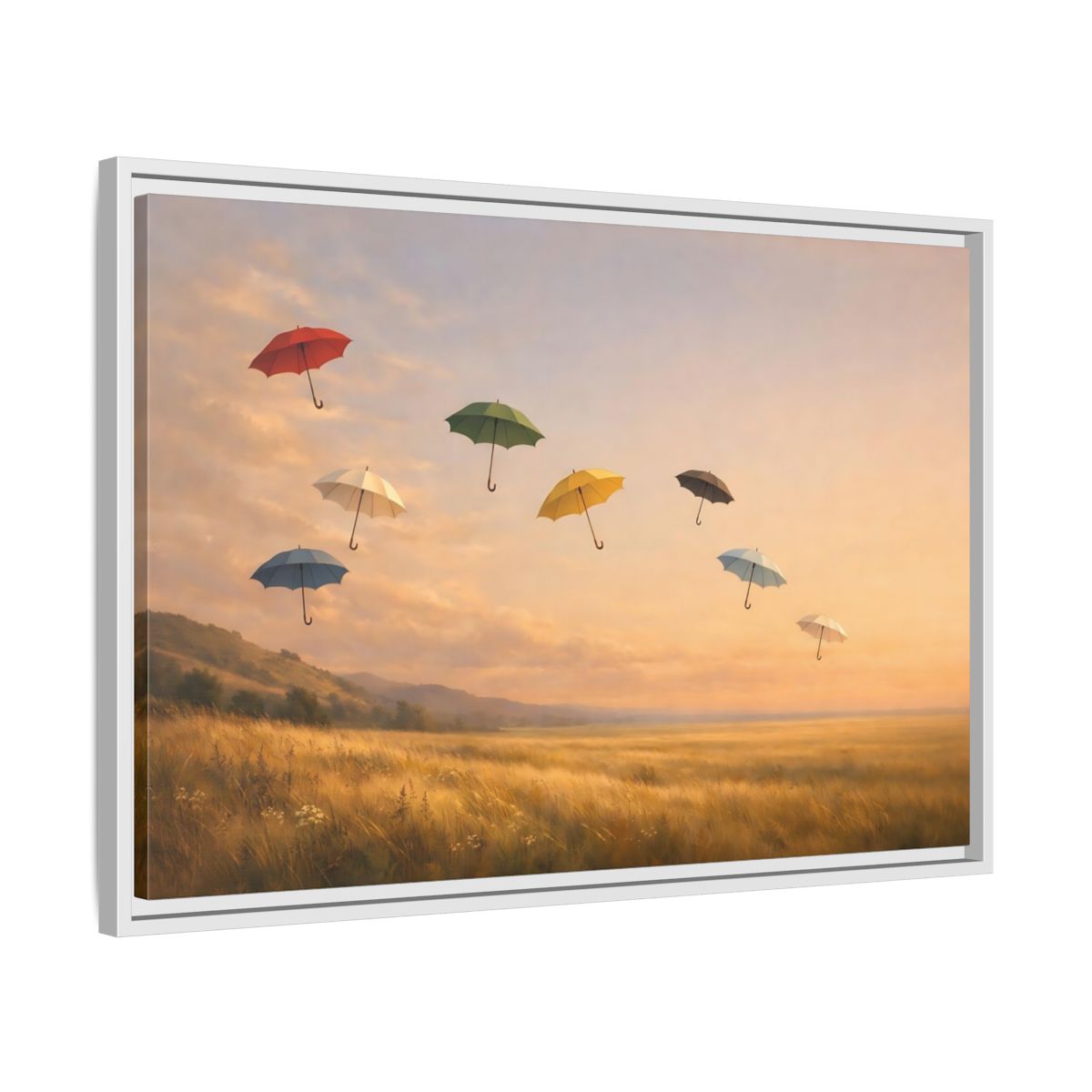 Side Mockup 10. Abstract Flying Umbrellas Colorful Umbrellas shown as stretched canvas wall art