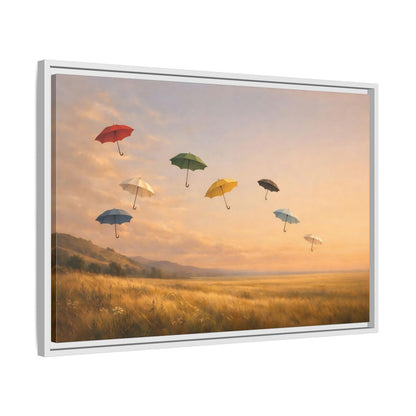Side Mockup 10. Abstract Flying Umbrellas Colorful Umbrellas shown as stretched canvas wall art