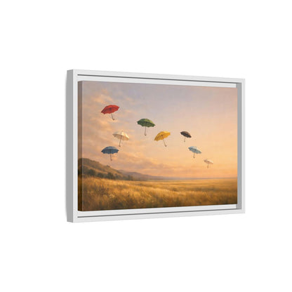 Side Mockup 4. Abstract Flying Umbrellas Colorful Umbrellas shown as stretched canvas wall art