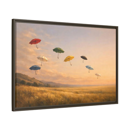 Main Mockup. Abstract Flying Umbrellas Colorful Umbrellas shown as stretched canvas wall art