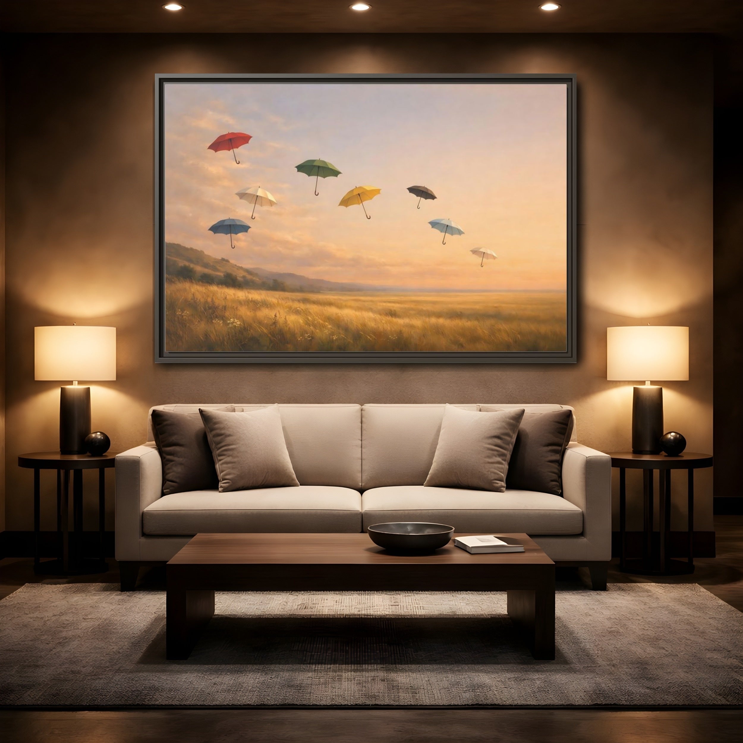 Mockup 2. Abstract Flying Umbrellas Colorful Umbrellas shown as stretched canvas wall art