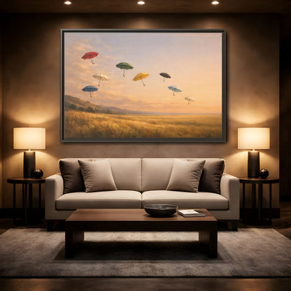Mockup 2. Abstract Flying Umbrellas Colorful Umbrellas shown as stretched canvas wall art