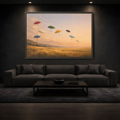 Mockup 3. Abstract Flying Umbrellas Colorful Umbrellas shown as stretched canvas wall art