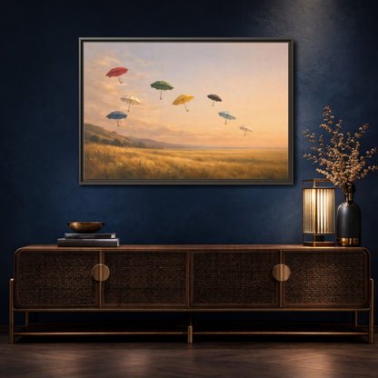 Mockup 4. Abstract Flying Umbrellas Colorful Umbrellas shown as stretched canvas wall art