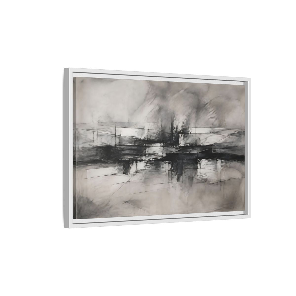 Side Mockup 1. Abstract Abstract Forms Black And White Abstract shown as stretched canvas wall art