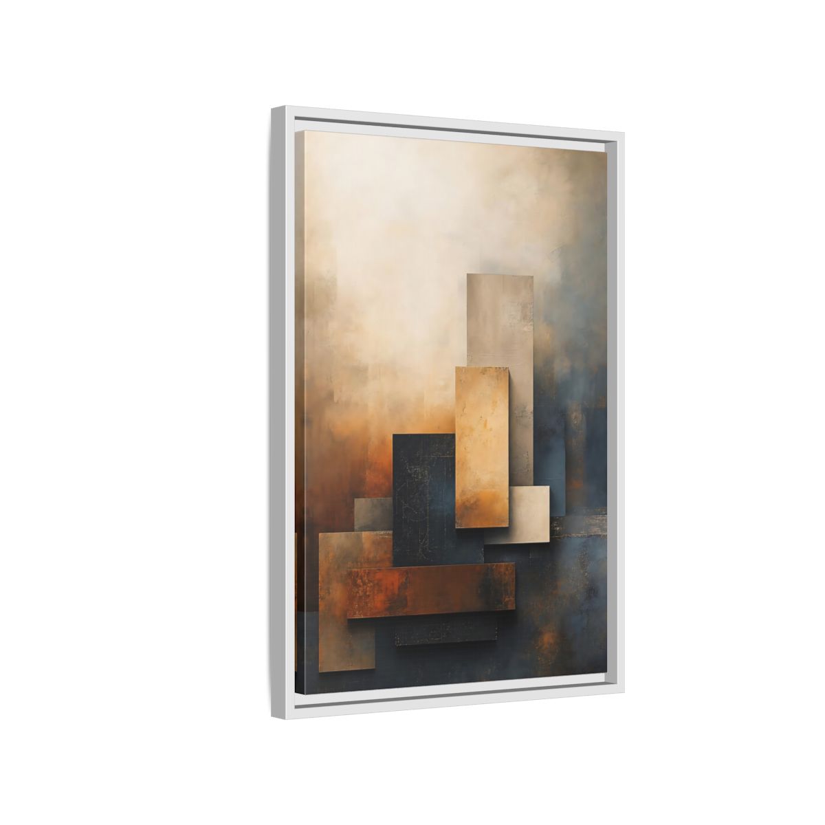Side Mockup 1. Abstract Abstract Forms Brown Blue Abstract shown as stretched canvas wall art