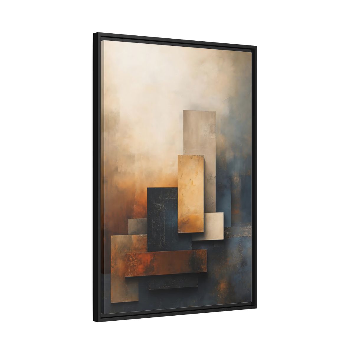 Side Mockup 13. Abstract Abstract Forms Brown Blue Abstract shown as stretched canvas wall art