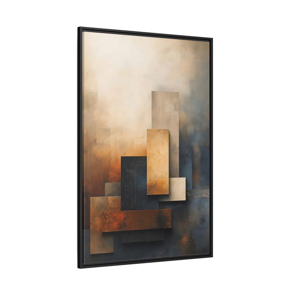 Side Mockup 12. Abstract Abstract Forms Brown Blue Abstract shown as stretched canvas wall art