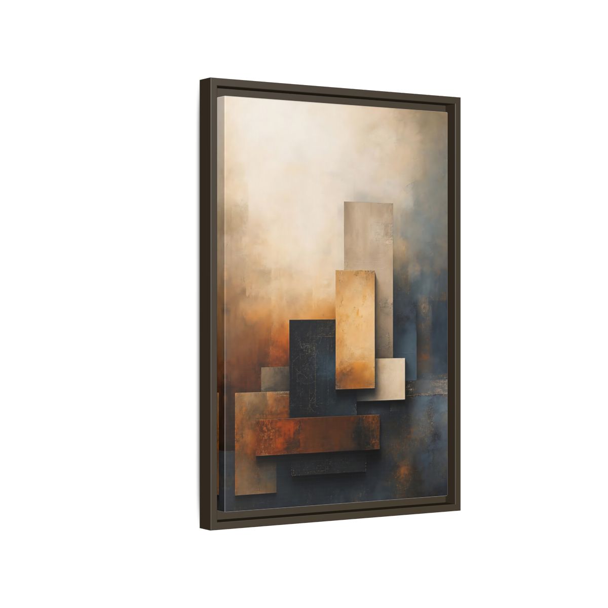 Side Mockup 2. Abstract Abstract Forms Brown Blue Abstract shown as stretched canvas wall art