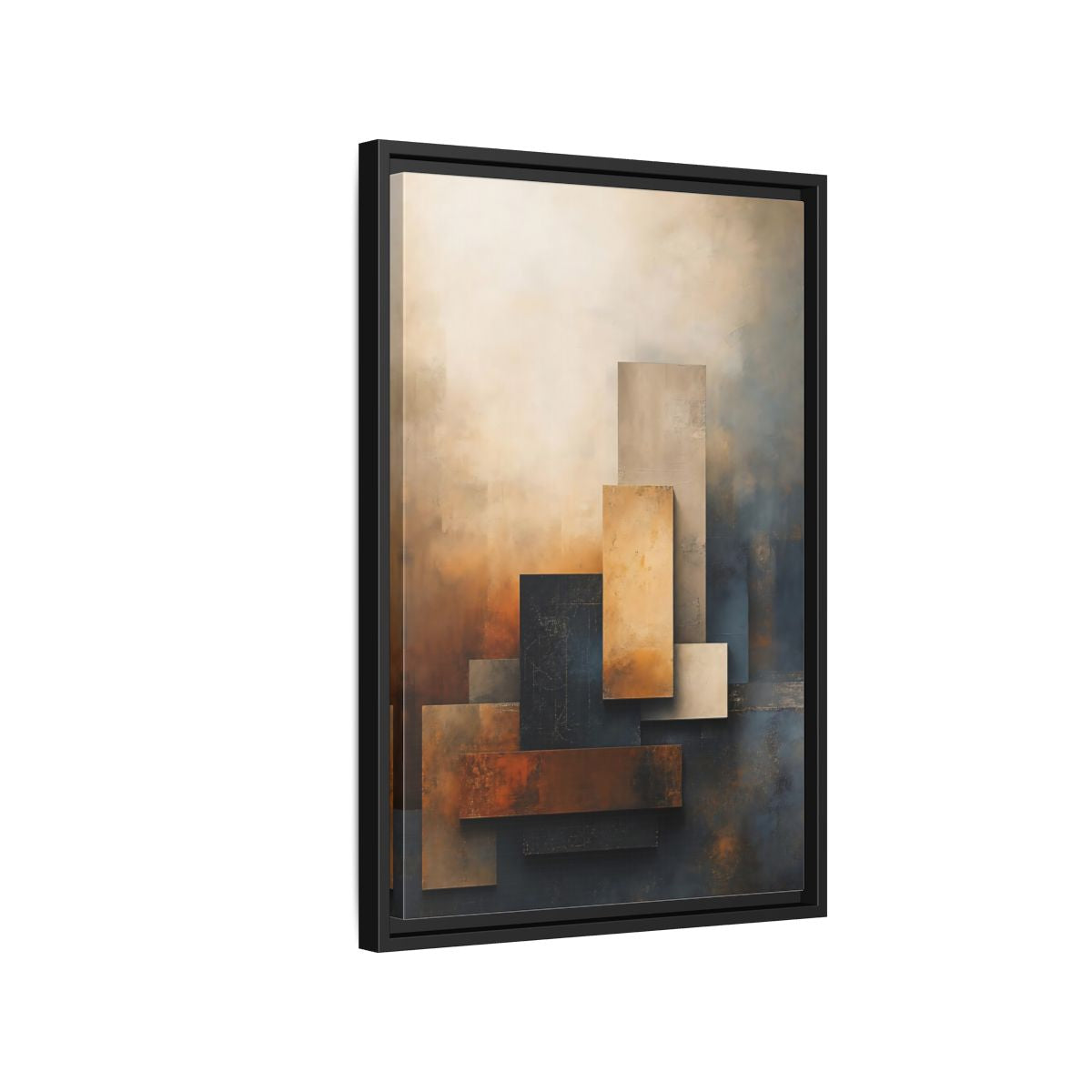 Side Mockup 3. Abstract Abstract Forms Brown Blue Abstract shown as stretched canvas wall art