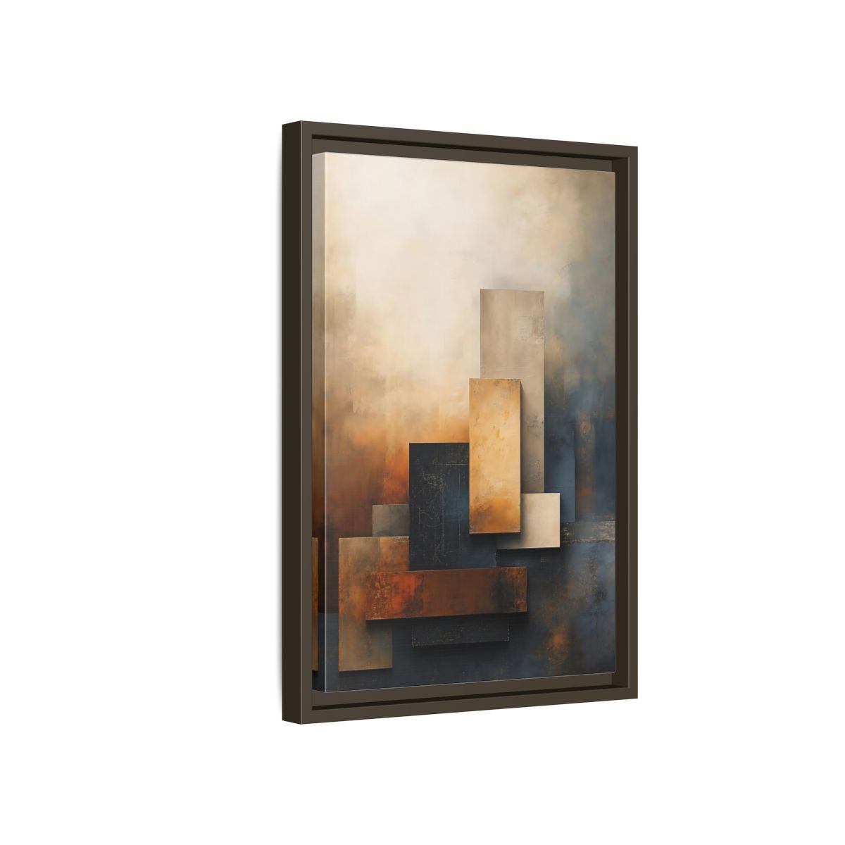 Side Mockup 5. Abstract Abstract Forms Brown Blue Abstract shown as stretched canvas wall art