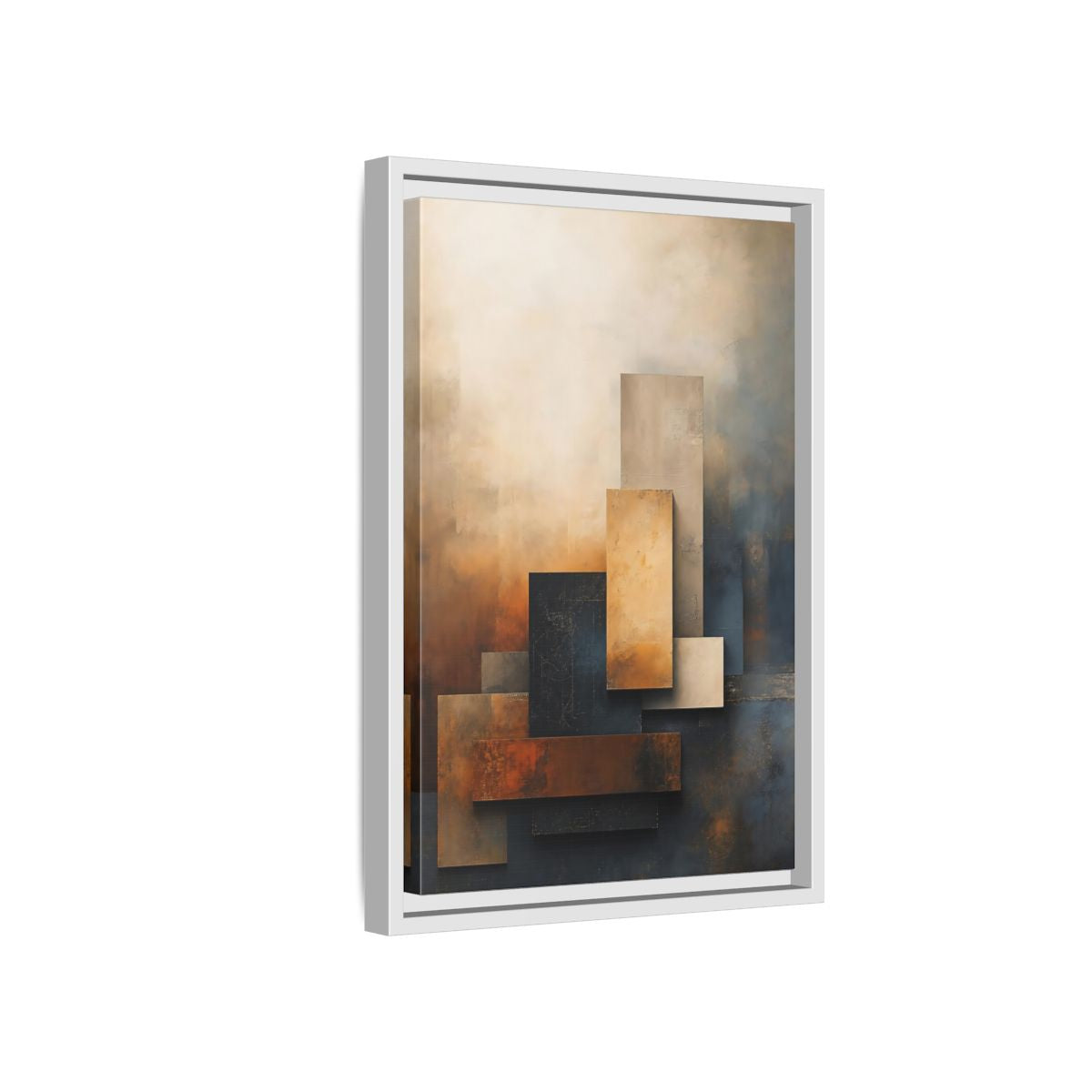 Side Mockup 4. Abstract Abstract Forms Brown Blue Abstract shown as stretched canvas wall art