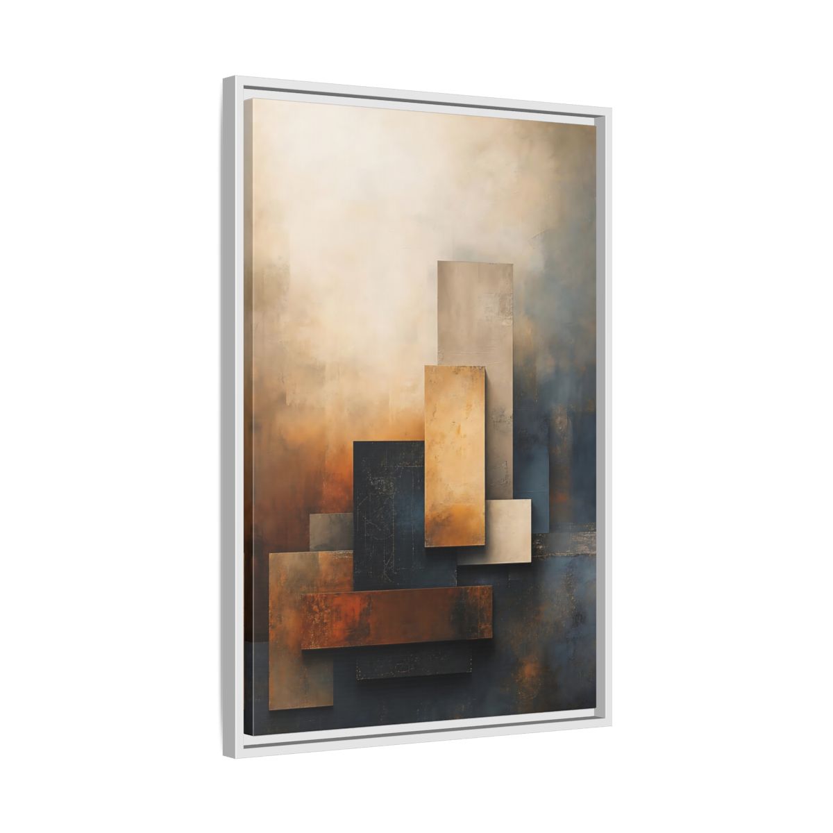 Side Mockup 10. Abstract Abstract Forms Brown Blue Abstract shown as stretched canvas wall art