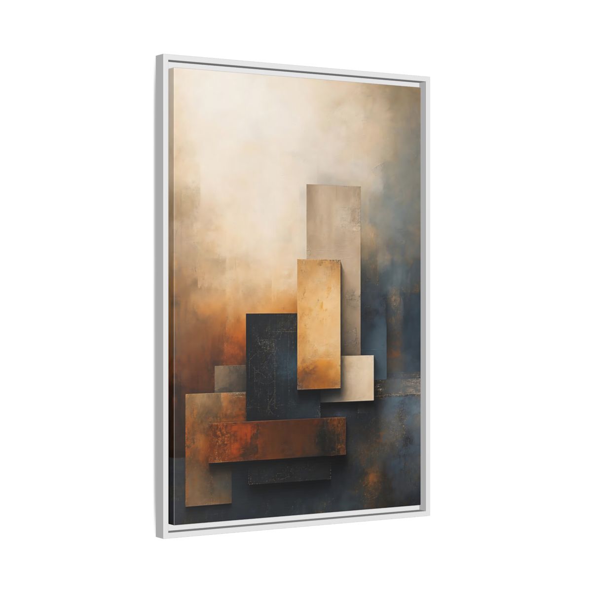 Side Mockup 9. Abstract Abstract Forms Brown Blue Abstract shown as stretched canvas wall art