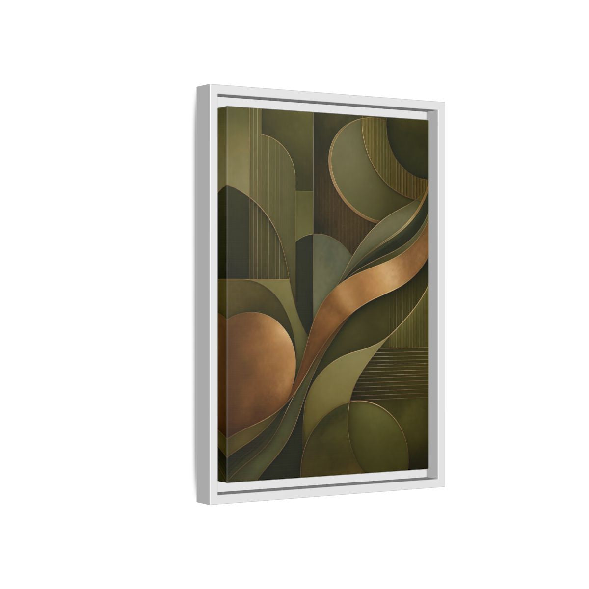 Side Mockup 4. Abstract Abstract Forms Green And Gold shown as stretched canvas wall art