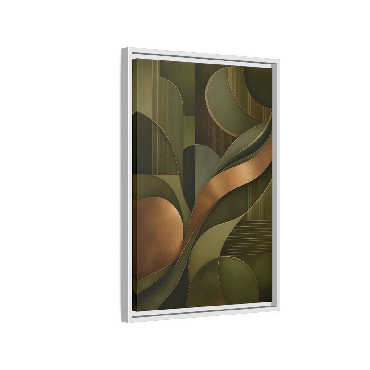 Side Mockup 1. Abstract Abstract Forms Green And Gold shown as stretched canvas wall art