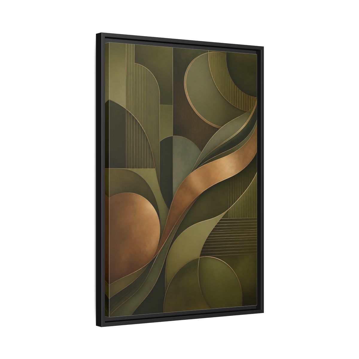 Side Mockup 14. Abstract Abstract Forms Green And Gold shown as stretched canvas wall art