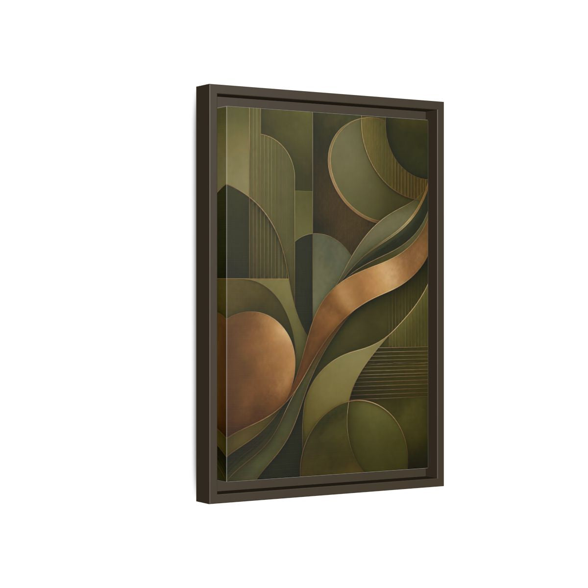 Side Mockup 5. Abstract Abstract Forms Green And Gold shown as stretched canvas wall art