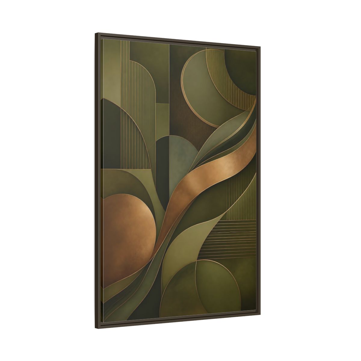 Side Mockup 8. Abstract Abstract Forms Green And Gold shown as stretched canvas wall art