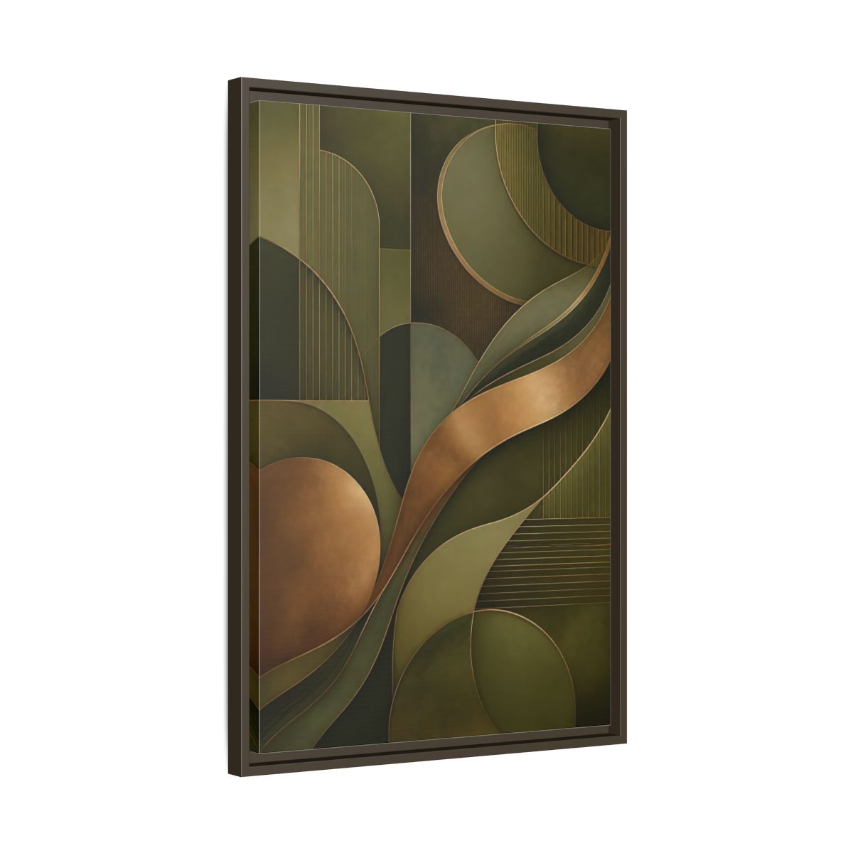 Side Mockup 11. Abstract Abstract Forms Green And Gold shown as stretched canvas wall art