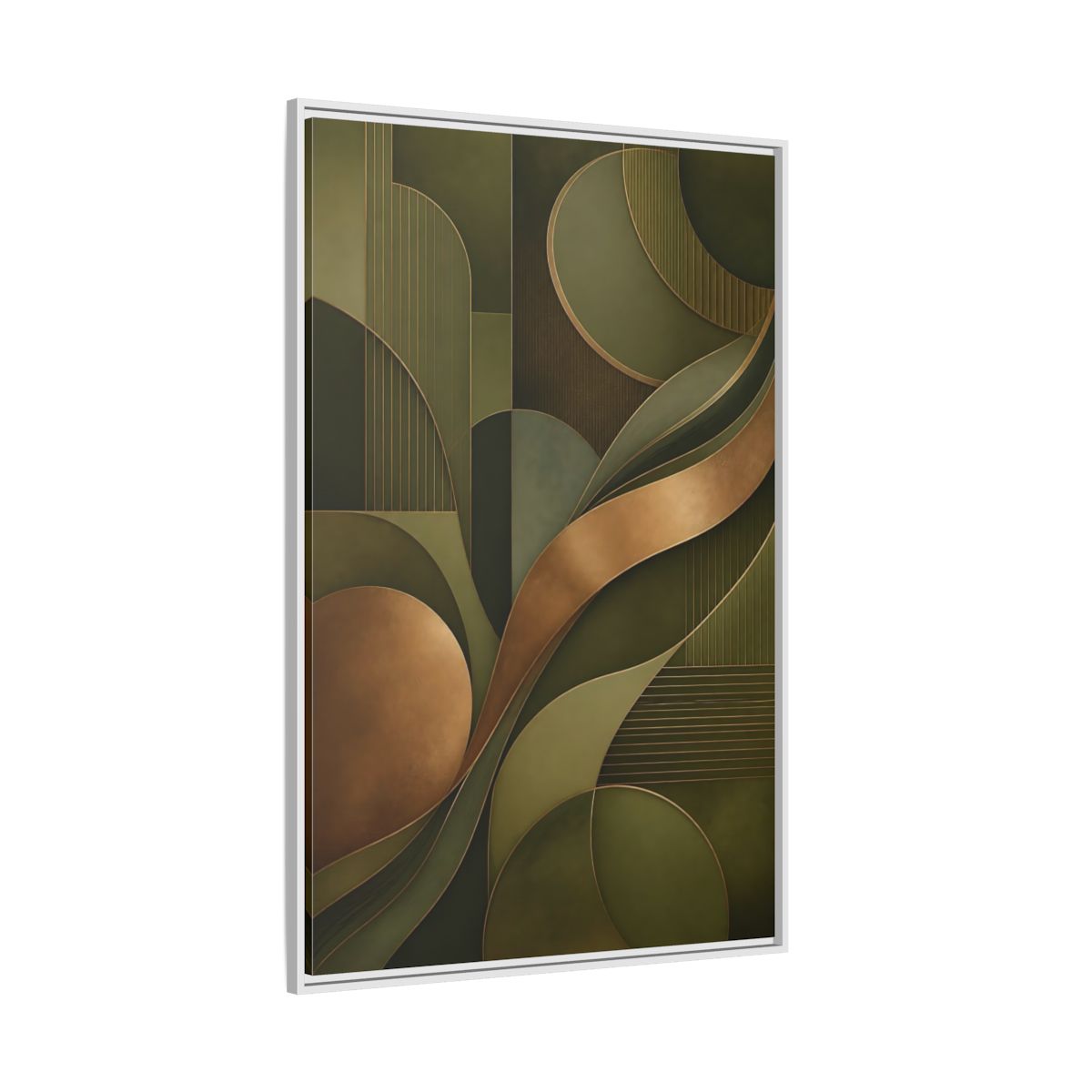 Side Mockup 7. Abstract Abstract Forms Green And Gold shown as stretched canvas wall art