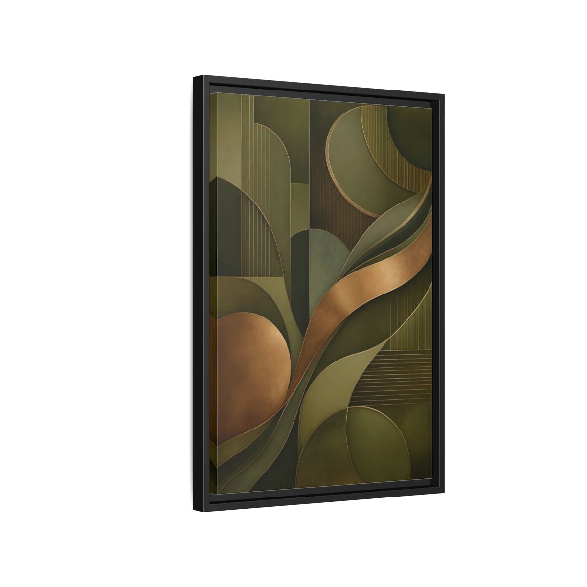 Side Mockup 3. Abstract Abstract Forms Green And Gold shown as stretched canvas wall art